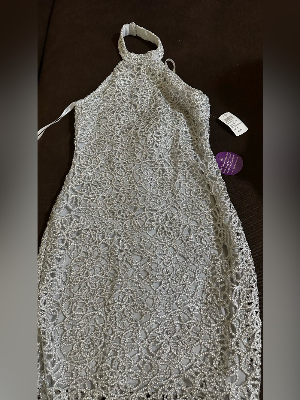 Windsor Store Beaded Halter Lace Dress in Ivory